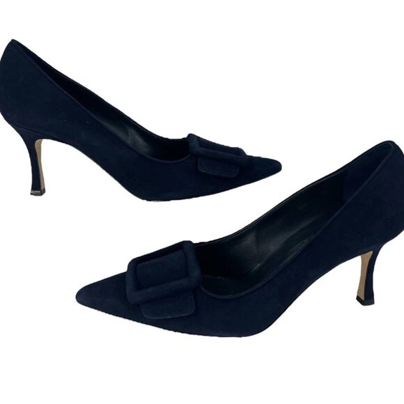 Manolo Blahnik Maysale Suede Buckle Heels Navy Blue - Size EU 40 / US 9 - Picture 3 of 10